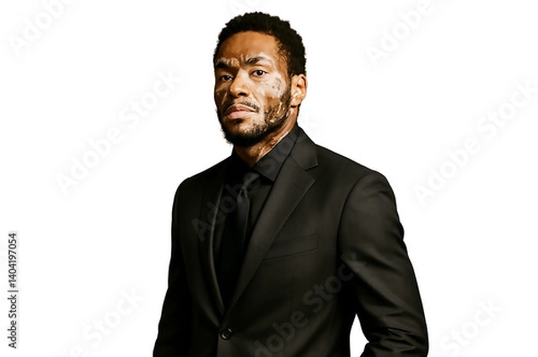 Fototapeta Confident man in black elegant dress with vitiligo isolated on transparent background