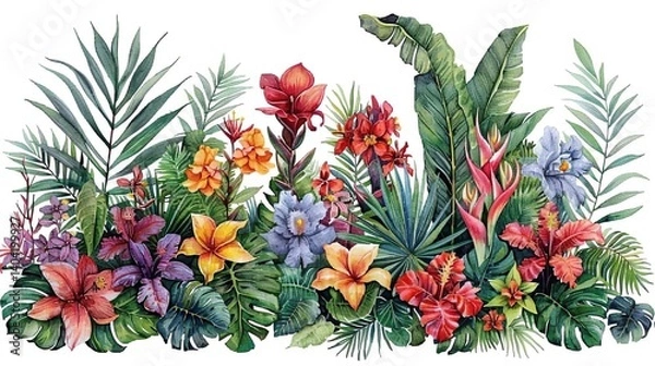 Obraz Highly detailed botanical illustration featuring various tropical plants in vibrant colors