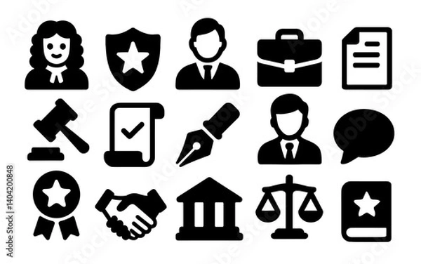 Fototapeta lawyer judge icons set of black legal and law-related vector icons featuring judge, lawyer, gavel, contract, courthouse, scale of justice, handshake, briefcase, document, pen nib, and shield with star