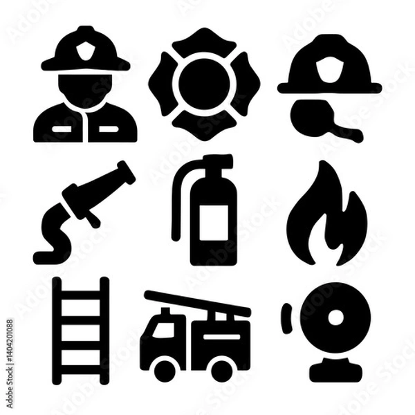Fototapeta Firefighter icons set of black firefighter and fire safety vector icons including firefighter, helmet, fire hose, extinguisher, flame, ladder, firetruck, alarm bell, and fire department symbol on whit