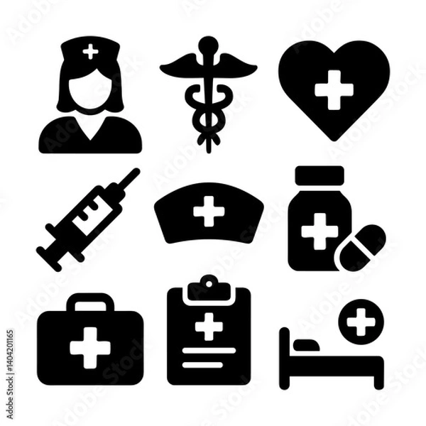 Obraz Nurse icons set of black healthcare and medical vector icons featuring nurse, syringe, heart with cross, caduceus symbol, medicine bottle, nurse hat, first aid kit, medical clipboard, and hospital bed