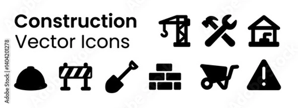 Obraz construction icons set of black construction vector icons including crane, tools, helmet, construction barrier, shovel, bricks, wheelbarrow, and warning sign on white background