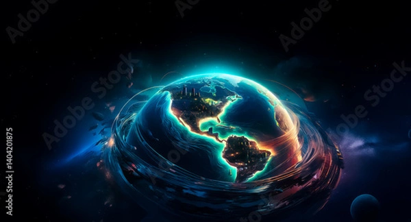 Fototapeta Here's a description and keywords for the image, considering your guidelines:

A vibrant, cosmic scene. The celestial body glows with electric colors and is surrounded by swirling energy. Hints of con