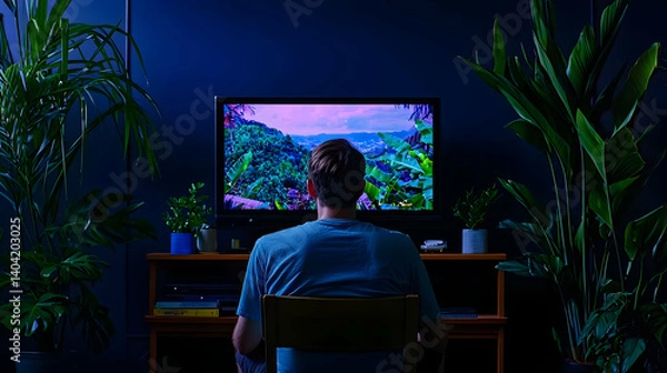 Fototapeta Pixelated Television Screen Displays Landscape Scene Man Watching From Behind Indoor Setting Plants Flanking TV