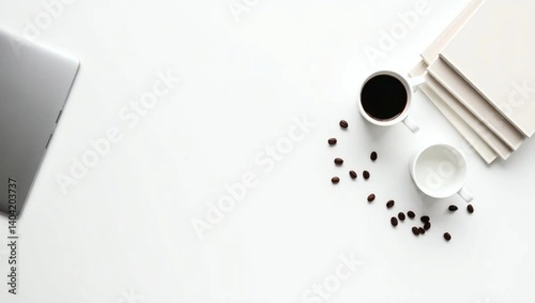Fototapeta Two cups of coffee, coffee beans, notebook and laptop on a white desk. Perfect for a blog post or article about productivity, work from home, or coffee