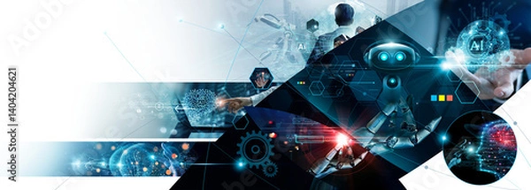Obraz AI, Machine learning, AI Chat, Visionary businessman use the brain of AI to create strategy and plan business in the digital technology era. Business analysis, Science and technology of deep learning