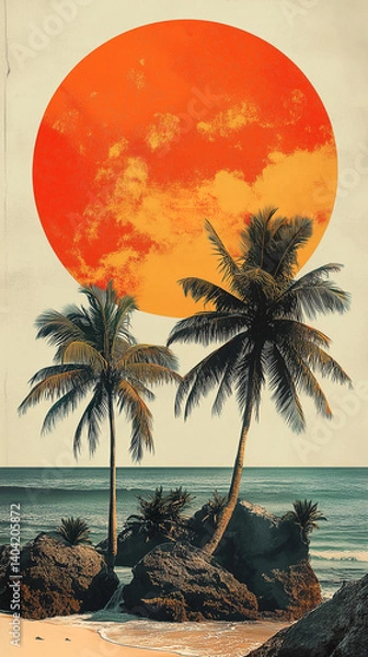 Fototapeta Vibrant sunset over tropical beach with palm trees by the ocean. Retro style collage.
