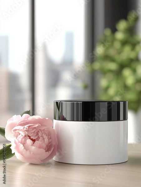 Fototapeta Mockup of a white cosmetic cream jar next to a blooming peony on a wooden table with a city view