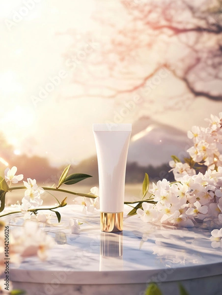 Fototapeta Mockup of a white tube with cream, surrounded by cherry blossoms and soft sunlight creates an enchanting atmosphere