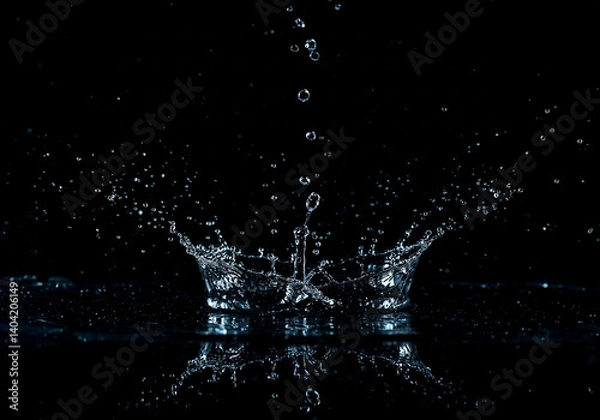 Fototapeta Water Crown Splash. High-speed macro shot of a water drop impact creating a crown shape with ripples on a black background