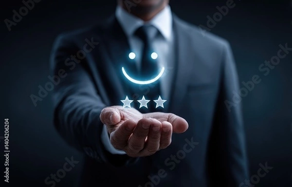 Fototapeta Businessman Presenting Digital Smiley Face And Stars