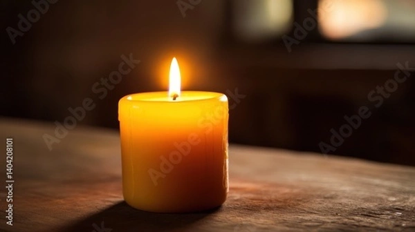 Obraz A lit yellow candle glows brightly on a wooden surface