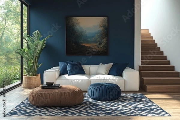 Fototapeta Scandinavian Style Modern Living Space with Staircase and Navy Blue Accent Wall