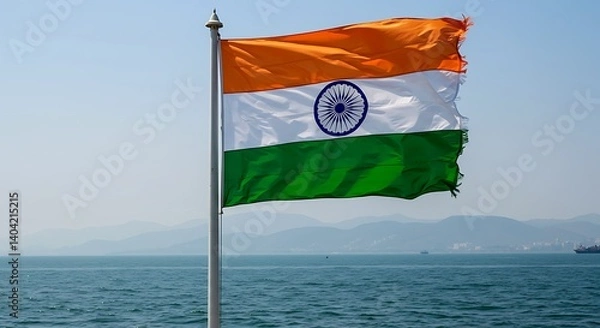 Obraz The vibrant Indian flag waving proudly against a backdrop of tranquil seascape