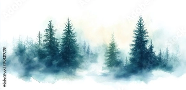Fototapeta Foggy Winter Forest Landscape in Watercolor Soft Pastel Pines and Evergreens