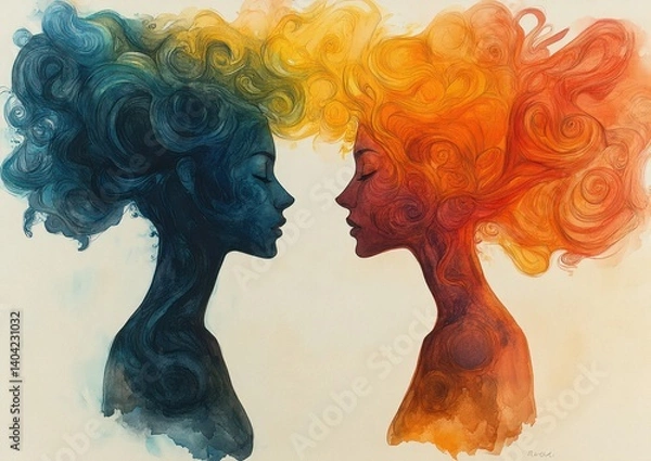 Obraz Watercolor painting telepathy empathy communication thought dialogue between two people