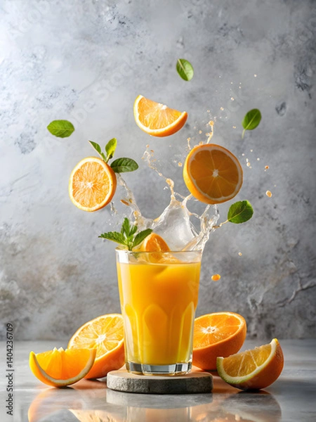 Fototapeta Fresh orange juice splash with fruit and mint