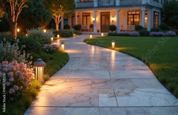Fototapeta Luxury mansion backyard with marble tile pathway illuminated by warm lights at dusk. Rich green lawn, flowerbeds, trees creates inviting evening atmosphere. Modern home, exterior design, garden