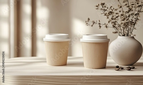 Fototapeta Minimalist Coffee Cups and Packaging Still Life in Scandinavian Design