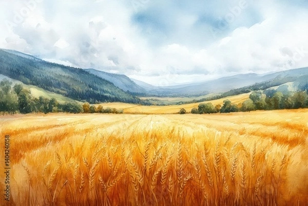 Obraz Golden wheat field stretches to a distant mountain range under a partly cloudy sky. Lush landscape painting