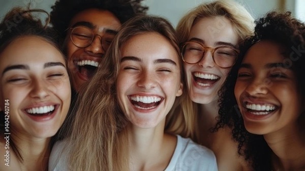 Fototapeta Radiant Revelry: A Multiracial Group's Joyful Expression of Pure Laughter