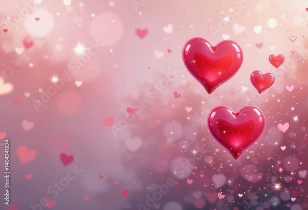 Fototapeta Celebrate Mother's Day with floating red hearts and sparkling lights in a soft pastel background