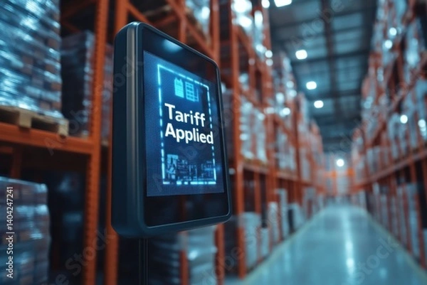 Fototapeta Tariff applied notification displayed in a modern warehouse during daylight hours