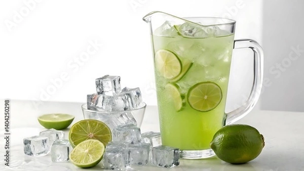 Obraz imagine A refreshing glass of lime juice, garnished with a lime wheel and mint sprigs, placed on a beachside table.