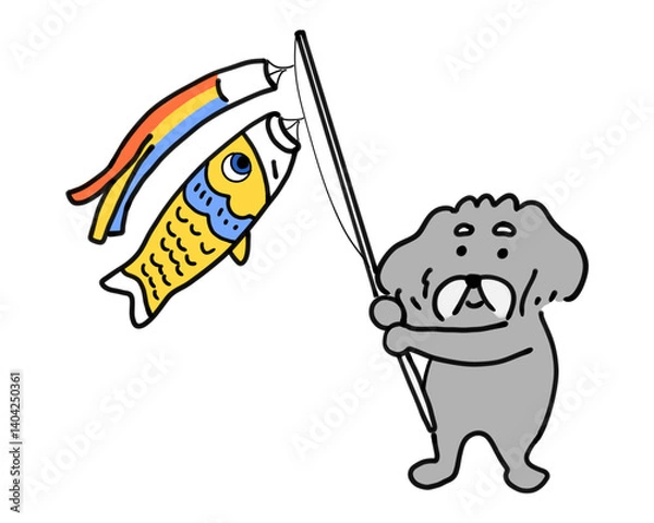 Obraz 黄色い鯉のぼりを振る手描きの犬