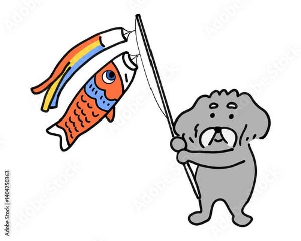 Obraz 赤い鯉のぼりを振る手描きの犬
