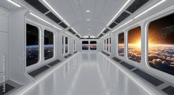 Fototapeta Futuristic White Spaceship Interior with Earth View and a Sunrise Seen Through Large Windows In Space Exploration