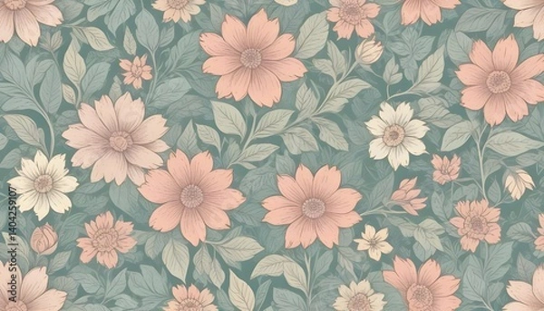 Fototapeta Seamless hand-drawn floral pattern in vintage pastel tones, high-resolution textile texture
