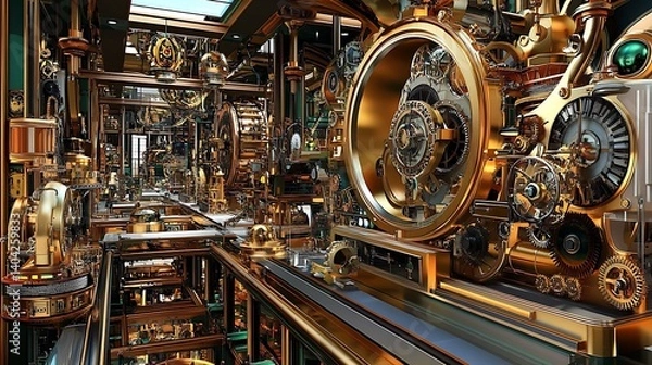 Fototapeta Intricate golden gears, intricate machine,  elaborate factory