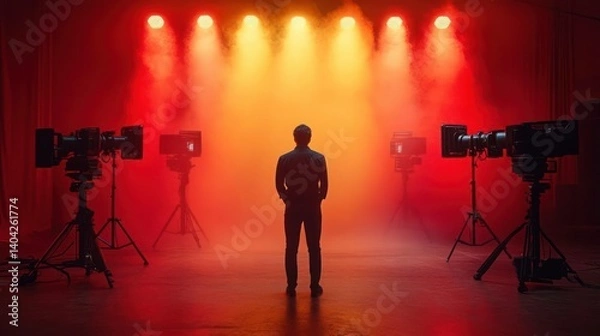 Fototapeta Studio backdrop with presenter and lighting equipment