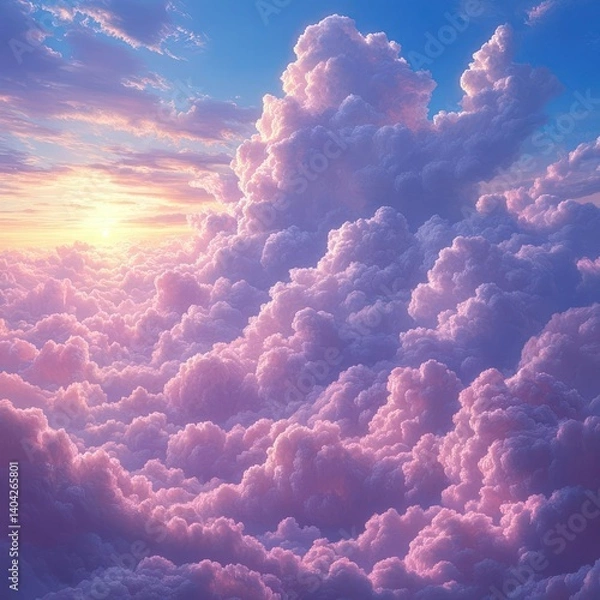Obraz A breathtaking view of fluffy, pastel-colored cumulus clouds at sunrise or sunset