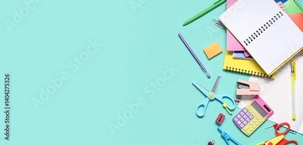Fototapeta Different stationery on turquoise background with space for text