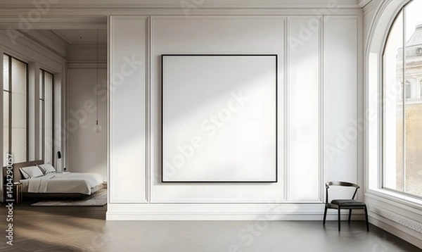 Obraz 3D rendering of modern bedroom with white wall and empty poster frame, perfect for product display, poster previews, or interior branding
