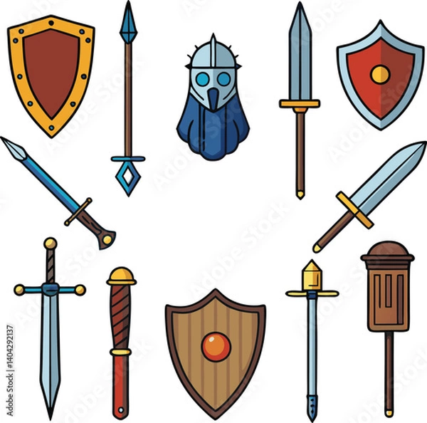 Fototapeta Medieval Arsenal of Protection and Power: A graphic depiction of diverse medieval armaments and defensive equipment, perfect for illustrating battles and strategic elements of the era.