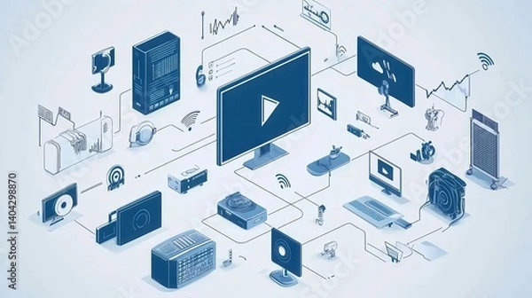 Fototapeta Network of Multimedia Devices and Technology Icons Representing Digital Connectivity and Automation
