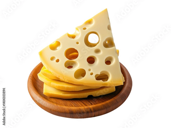 Fototapeta Piece of cheese elegantly placed on a rustic wooden plate ready to complement any charcuterie board or meal isolated on a white background.