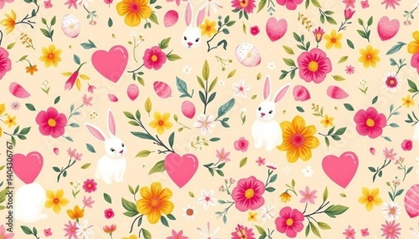 Fototapeta Beige background Easter seamless pattern featuring bunnies, eggs, flowers, hearts, leaves, and abstract elements, joy, illustration