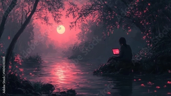 Obraz A solitary figure sits by a river at dusk, surrounded by a mystical forest, using a laptop