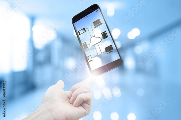 Obraz Transparent smart phone with cloud computing screen on hand