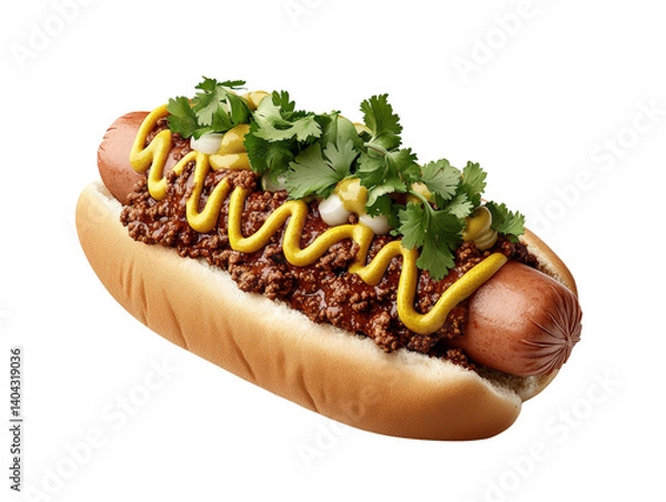 Fototapeta Classic hot dog topped generously with mustard and ketchup on a soft bun ready for enjoyment at a summer barbecue isolated on a white background.