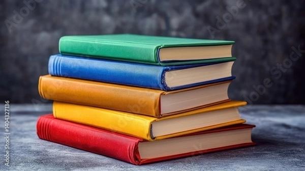 Obraz Educational materials like textbooks and notebooks neatly arranged with empty space for adding e-learning course details