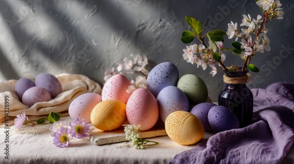 Fototapeta Pastel Easter Eggs and Spring Flowers on Rustic Table