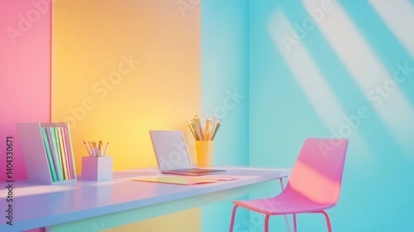 Obraz Trendy workspace with color accents, clean desk setup, inspirational decor, and empty background area for copy space