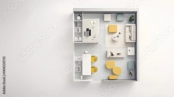Fototapeta Urban-style open space office with minimal color palette, desk clusters, and blank space for overlay