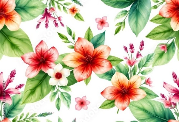 Fototapeta Delicate watercolor tropical blooms & lush foliage on white background, creating a seamless pattern, leaves, art
