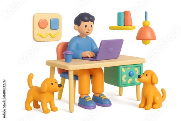 Obraz Playful Home Office with Two Dogs – Transparent Background

